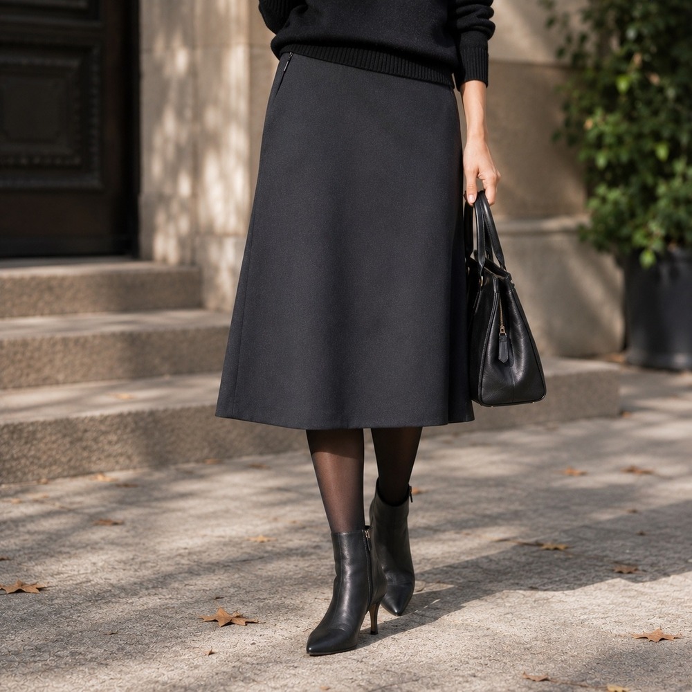 Valentino Miss V Wool Cashmere Midi Skirt Black A-Line Made in Italy Size 14 50